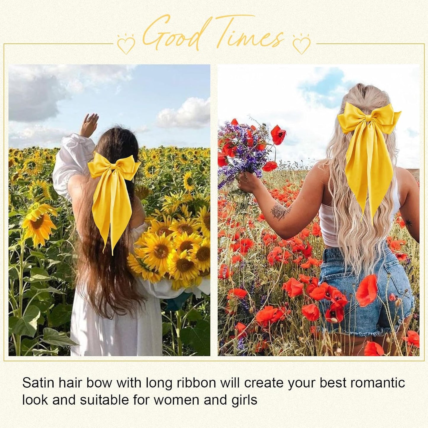 Hair Bows for Women Girls,Yellow Silky Satin Hair Barrettes with Long Ribbon Tail Big French Cute Hair Bows Clip Hair Accessories for Party Women Girl