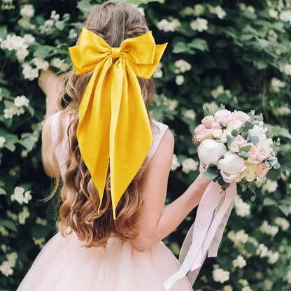 Hair Bows for Women Girls,Yellow Silky Satin Hair Barrettes with Long Ribbon Tail Big French Cute Hair Bows Clip Hair Accessories for Party Women Girl