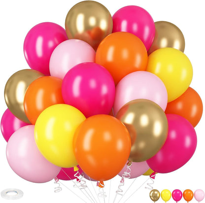 Pink Orange Yellow Balloons, 12 Inch Hot Pink Orange Yellow and Gold Balloons for Birthday Graduation Summer Tropical Party Fall Thanksgiving Tequila Sunrise Sunset Party Decorations