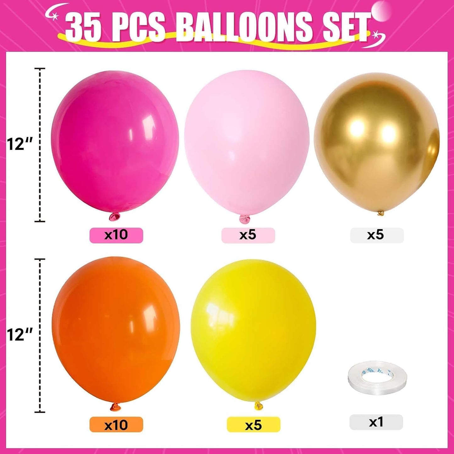 Pink Orange Yellow Balloons, 12 Inch Hot Pink Orange Yellow and Gold Balloons for Birthday Graduation Summer Tropical Party Fall Thanksgiving Tequila Sunrise Sunset Party Decorations
