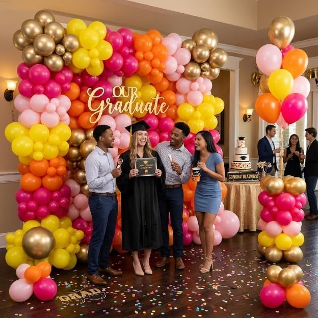Pink Orange Yellow Balloons, 12 Inch Hot Pink Orange Yellow and Gold Balloons for Birthday Graduation Summer Tropical Party Fall Thanksgiving Tequila Sunrise Sunset Party Decorations