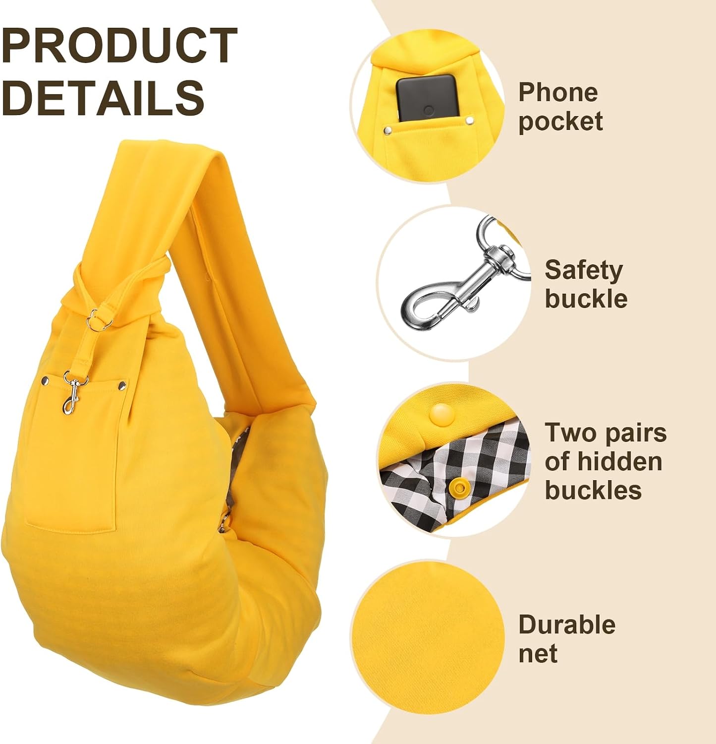 Dog Sling Carrier for Small Dogs and Cats Up to 16.5 Lbs, Soft Cotton with Purse Pocket Pet Sling Carrier Safety Harness, (Yellow, 1 Pcs) Intended for Outdoor/Camp/Travel