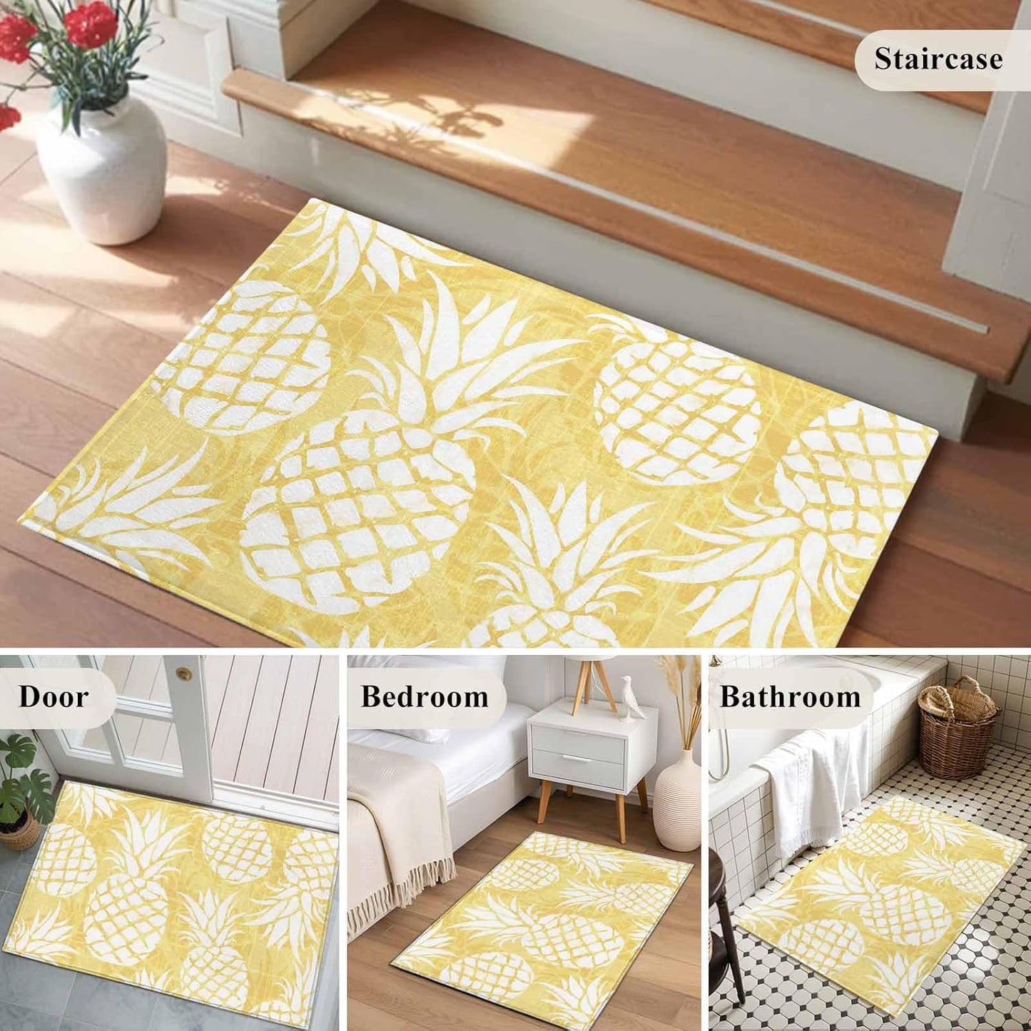 2x3 Light Yellow Pineapple Area Rug for Entryway Kitchen, Machine Washable Non Slip Small Indoor Rug Summer Country Tropical Botanical Fruits Soft Low Profile Floor Mat for Bedroom Bathroom Door Decor
