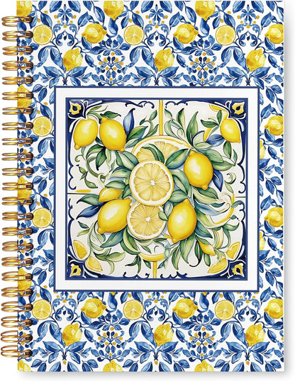 Italian Lemon Gifts Spiral Notebook 5.5 x 8.3 for Work Study, Lemon Themed Gifts, Blue and Yellow Summer Mediterranean Amalfi Coast Tile Hardcover Notebook Journal for Women