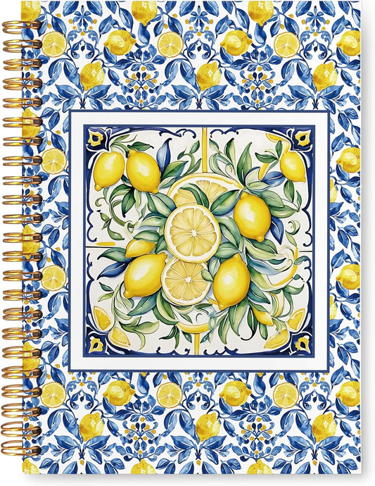 Italian Lemon Gifts Spiral Notebook 5.5 x 8.3 for Work Study, Lemon Themed Gifts, Blue and Yellow Summer Mediterranean Amalfi Coast Tile Hardcover Notebook Journal for Women