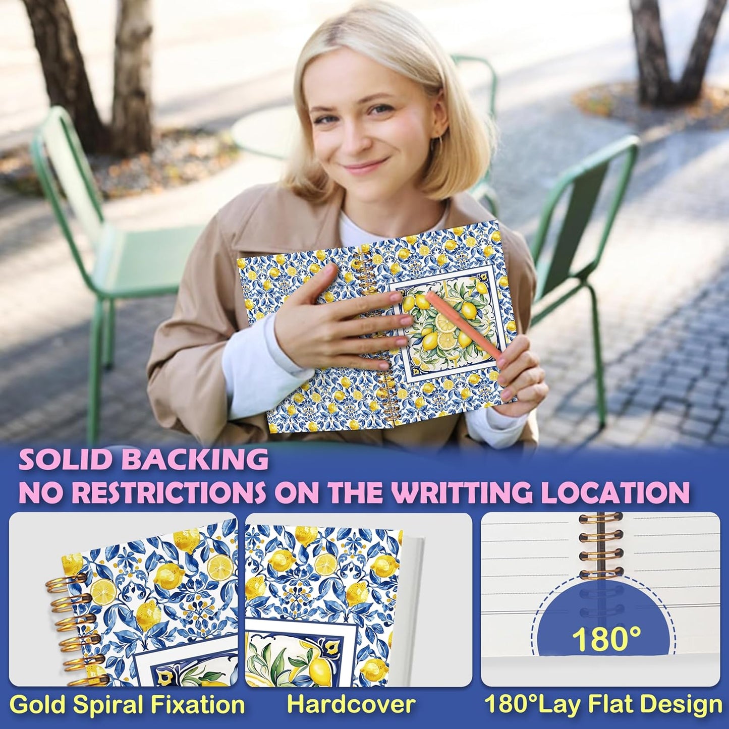Italian Lemon Gifts Spiral Notebook 5.5 x 8.3 for Work Study, Lemon Themed Gifts, Blue and Yellow Summer Mediterranean Amalfi Coast Tile Hardcover Notebook Journal for Women