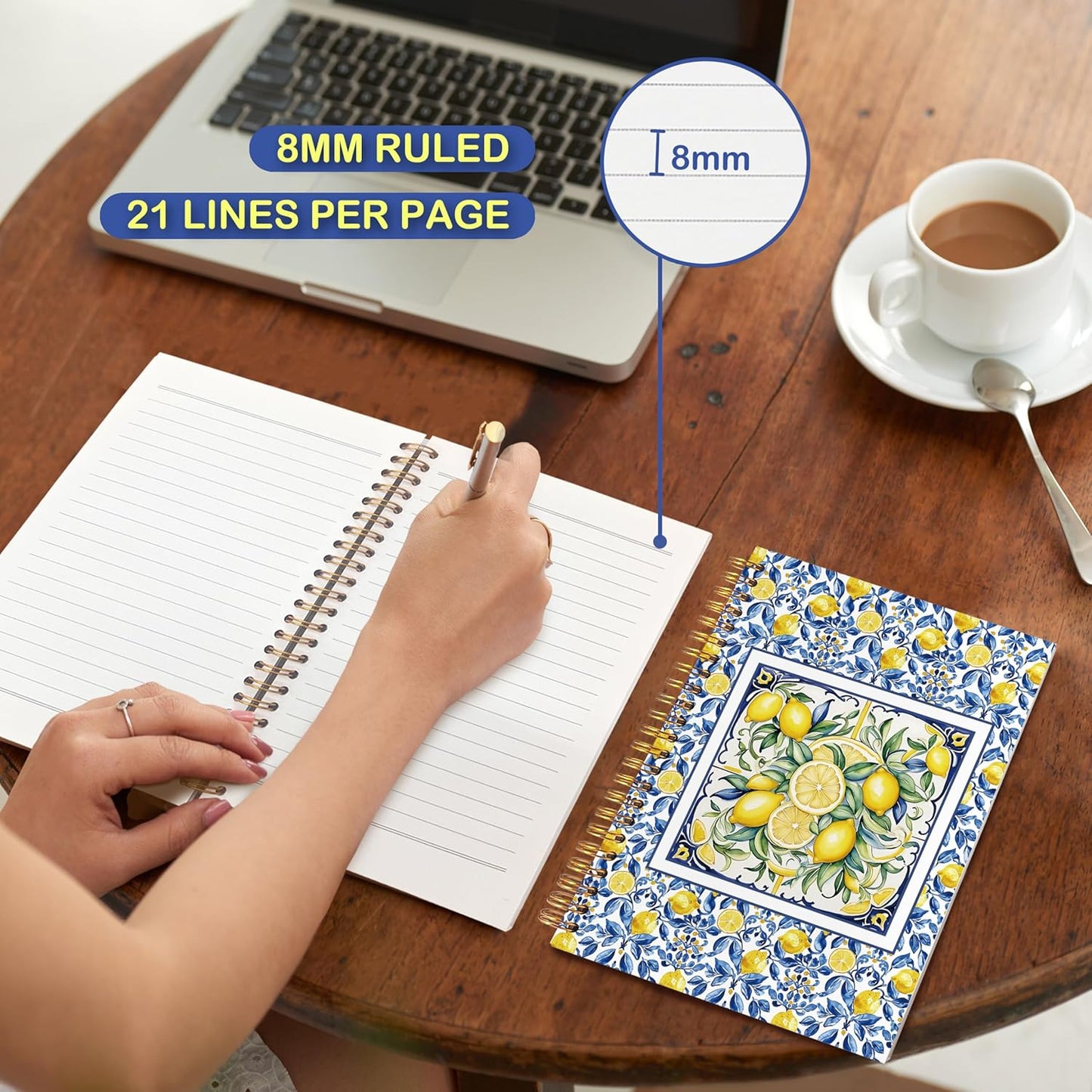 Italian Lemon Gifts Spiral Notebook 5.5 x 8.3 for Work Study, Lemon Themed Gifts, Blue and Yellow Summer Mediterranean Amalfi Coast Tile Hardcover Notebook Journal for Women