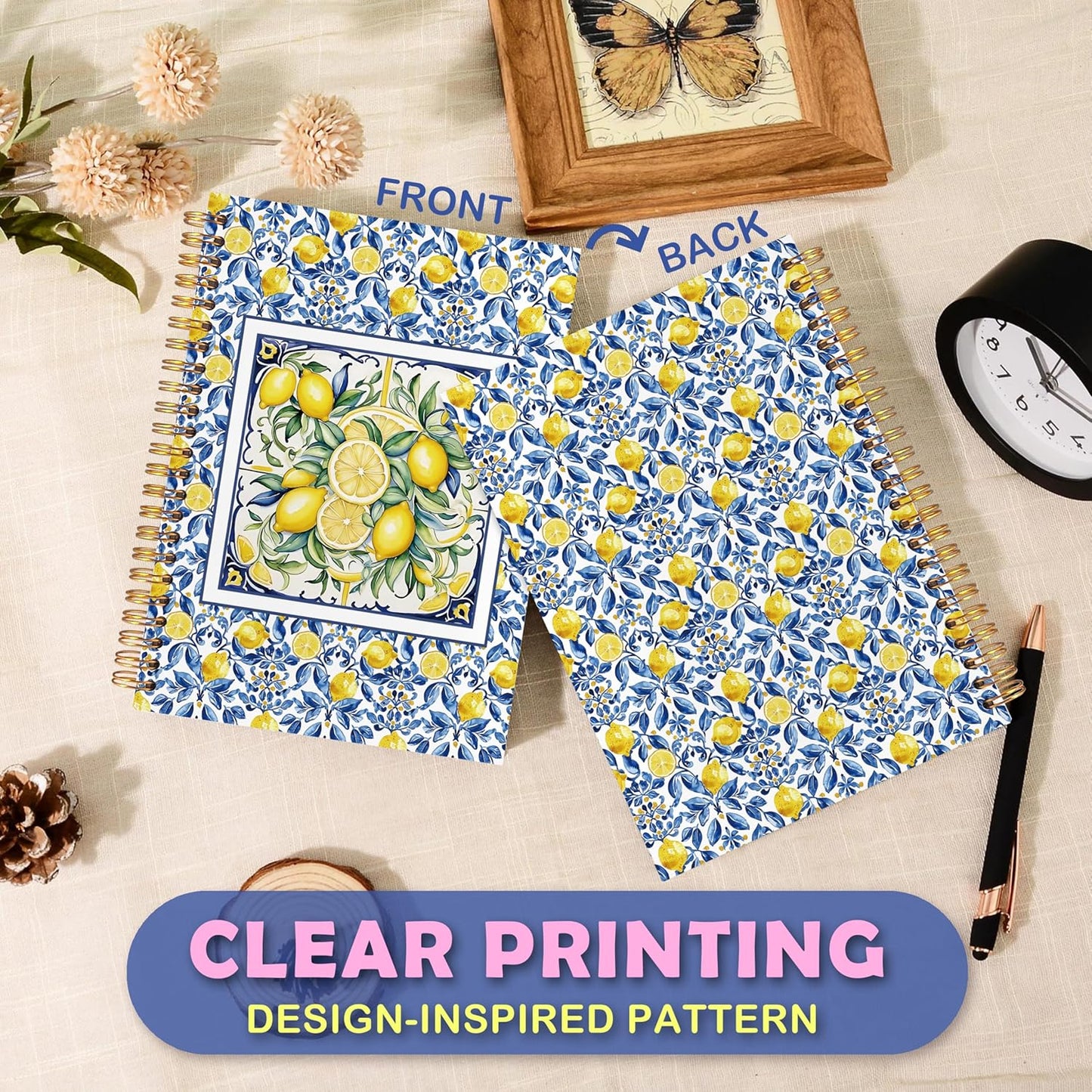 Italian Lemon Gifts Spiral Notebook 5.5 x 8.3 for Work Study, Lemon Themed Gifts, Blue and Yellow Summer Mediterranean Amalfi Coast Tile Hardcover Notebook Journal for Women