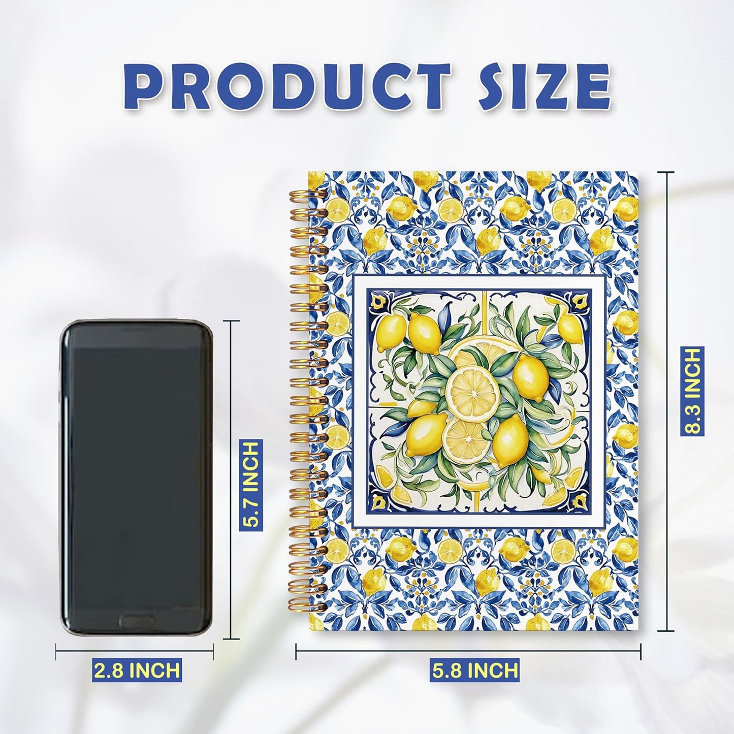 Italian Lemon Gifts Spiral Notebook 5.5 x 8.3 for Work Study, Lemon Themed Gifts, Blue and Yellow Summer Mediterranean Amalfi Coast Tile Hardcover Notebook Journal for Women