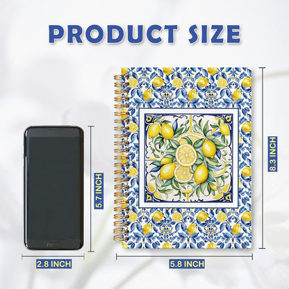 Italian Lemon Gifts Spiral Notebook 5.5 x 8.3 for Work Study, Lemon Themed Gifts, Blue and Yellow Summer Mediterranean Amalfi Coast Tile Hardcover Notebook Journal for Women