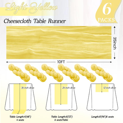 6Pack Light Yellow Cheesecloth Table Runner 35x120Inch Yellow Cheese Cloth Table Runner 10FT Boho Gauze Table Runners Rustic Sheer Table Runners for Wedding Bridal Baby Shower Party Decor