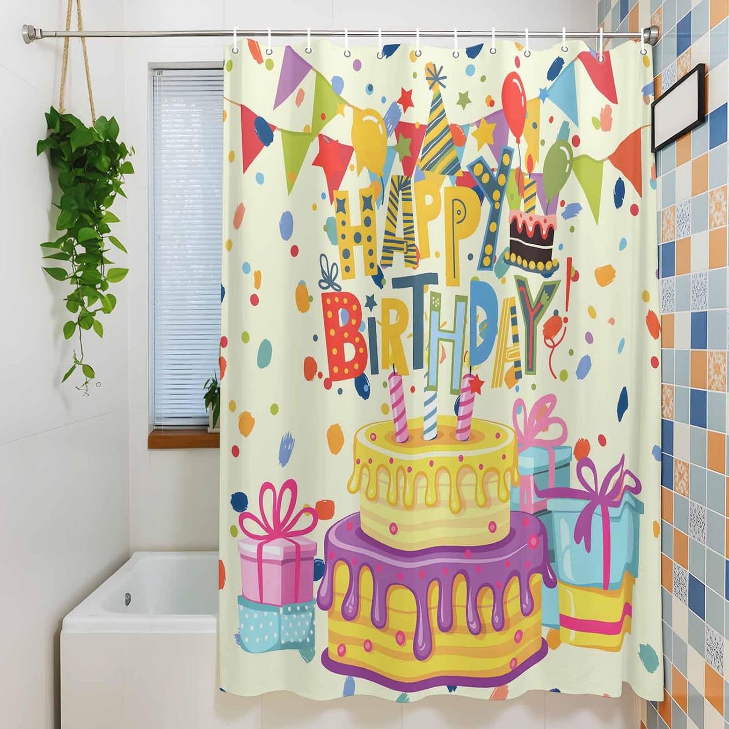 Shower Curtain Happy Birthday Shower Curtains for Bathroom Decor Birthday Cake Bath Curtains Sets with Hooks for Home Decor Waterproof 60 x 72 Inches