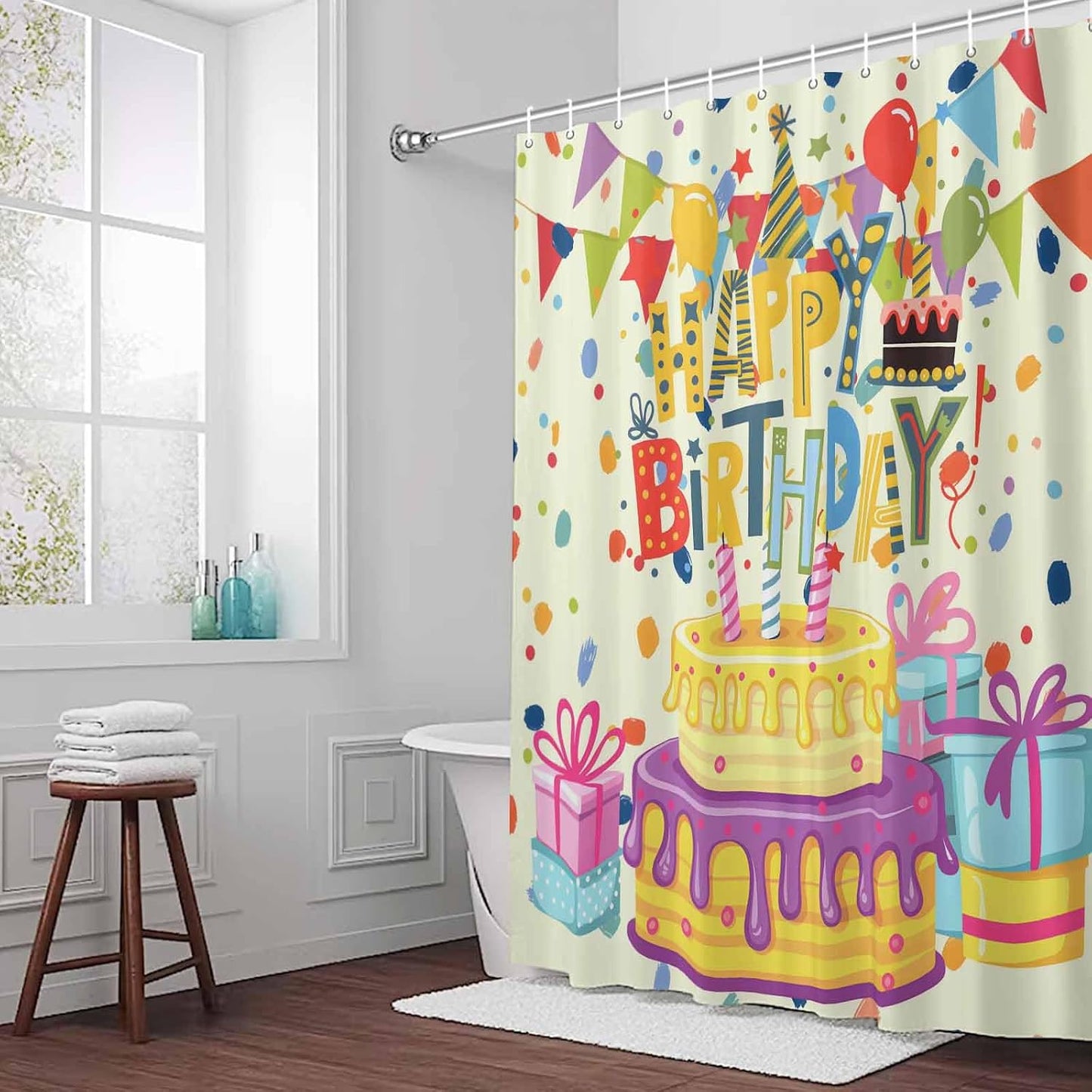 Shower Curtain Happy Birthday Shower Curtains for Bathroom Decor Birthday Cake Bath Curtains Sets with Hooks for Home Decor Waterproof 60 x 72 Inches