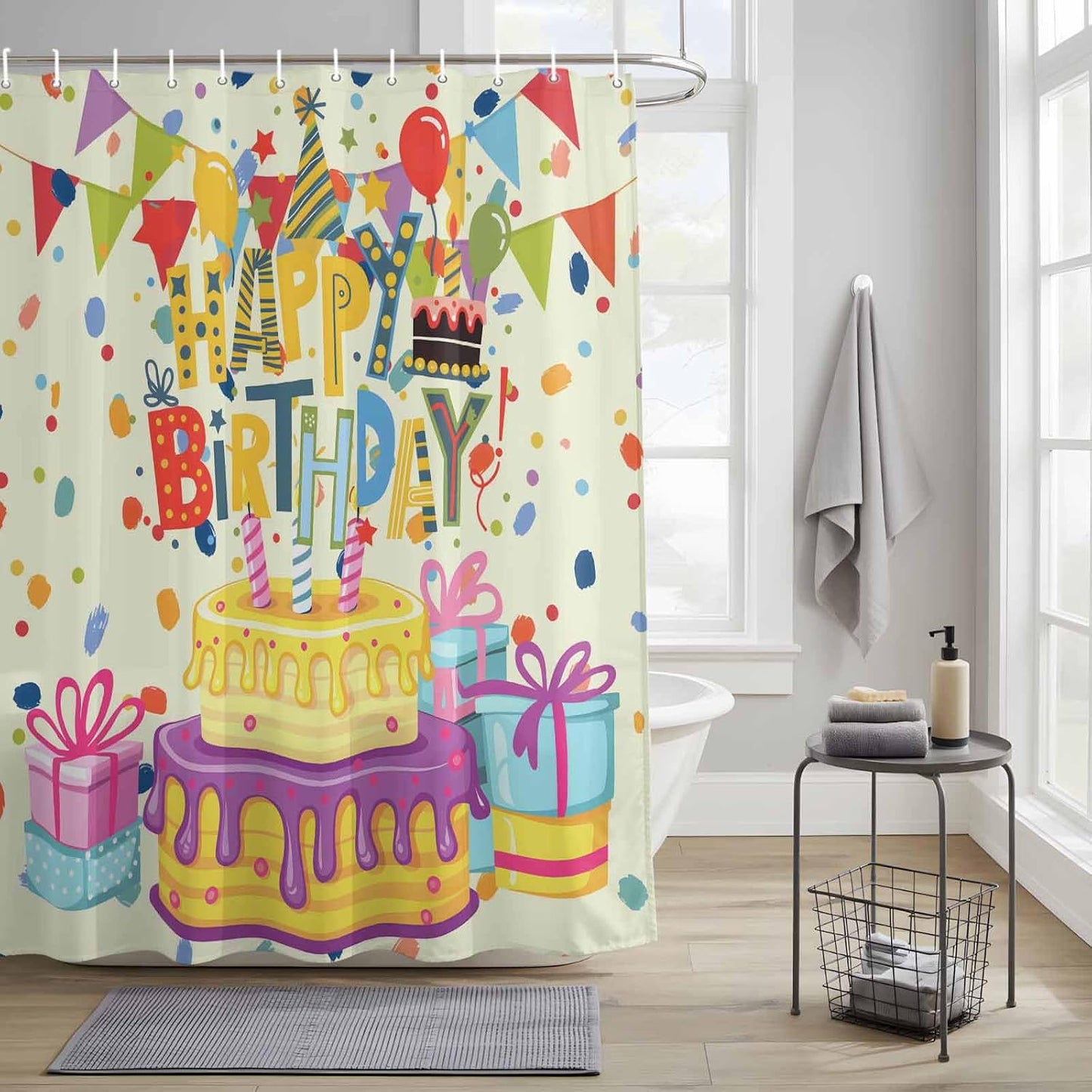 Shower Curtain Happy Birthday Shower Curtains for Bathroom Decor Birthday Cake Bath Curtains Sets with Hooks for Home Decor Waterproof 60 x 72 Inches