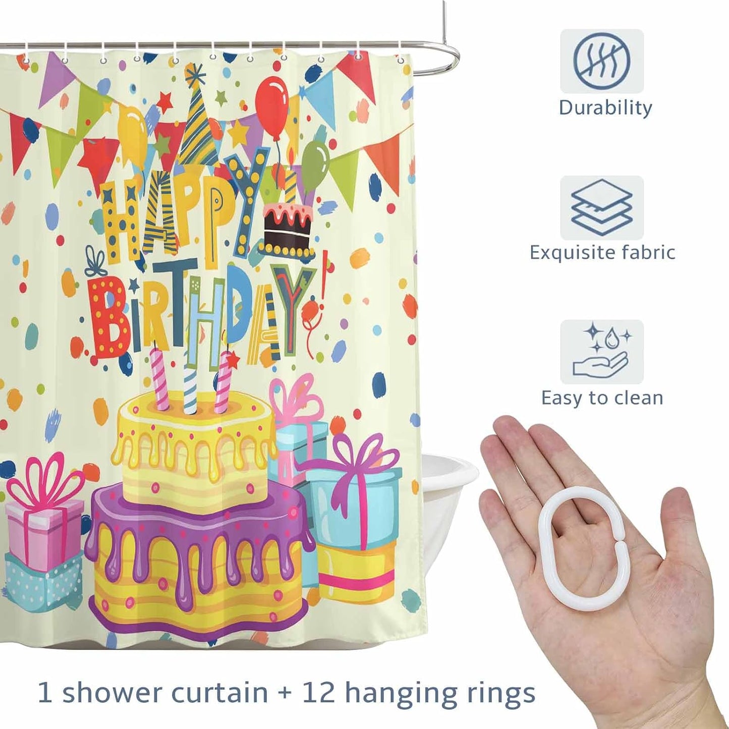 Shower Curtain Happy Birthday Shower Curtains for Bathroom Decor Birthday Cake Bath Curtains Sets with Hooks for Home Decor Waterproof 60 x 72 Inches