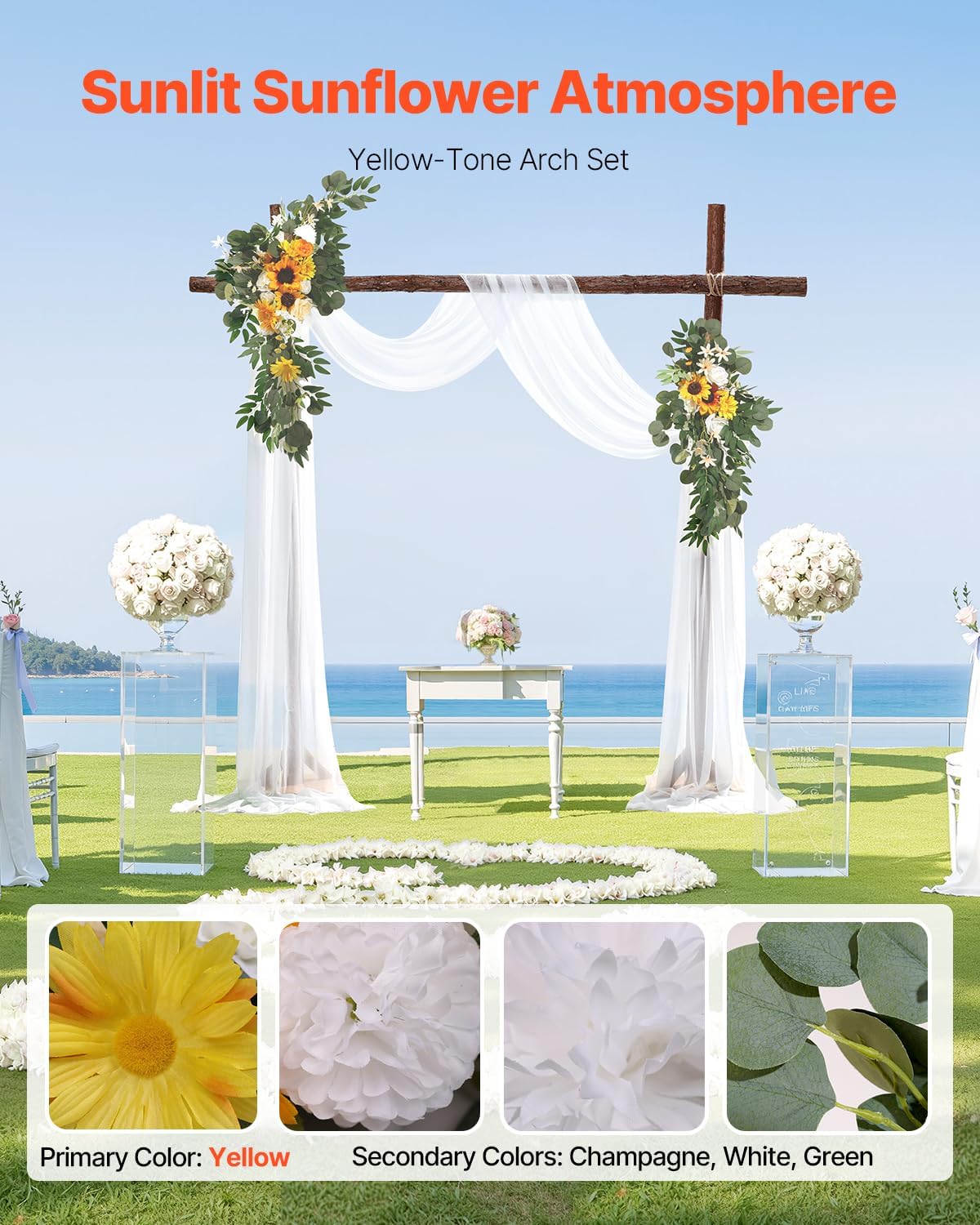 Artificial Wedding Arch Flowers Kit, Yellow Wedding Arch Flowers with Drapes Kit (Pack of 3) - 2 Pcs Floral Arrangement, 1 Pcs Sheer Drapes, for Ceremony Bouquets Reception Backdrop Decoration
