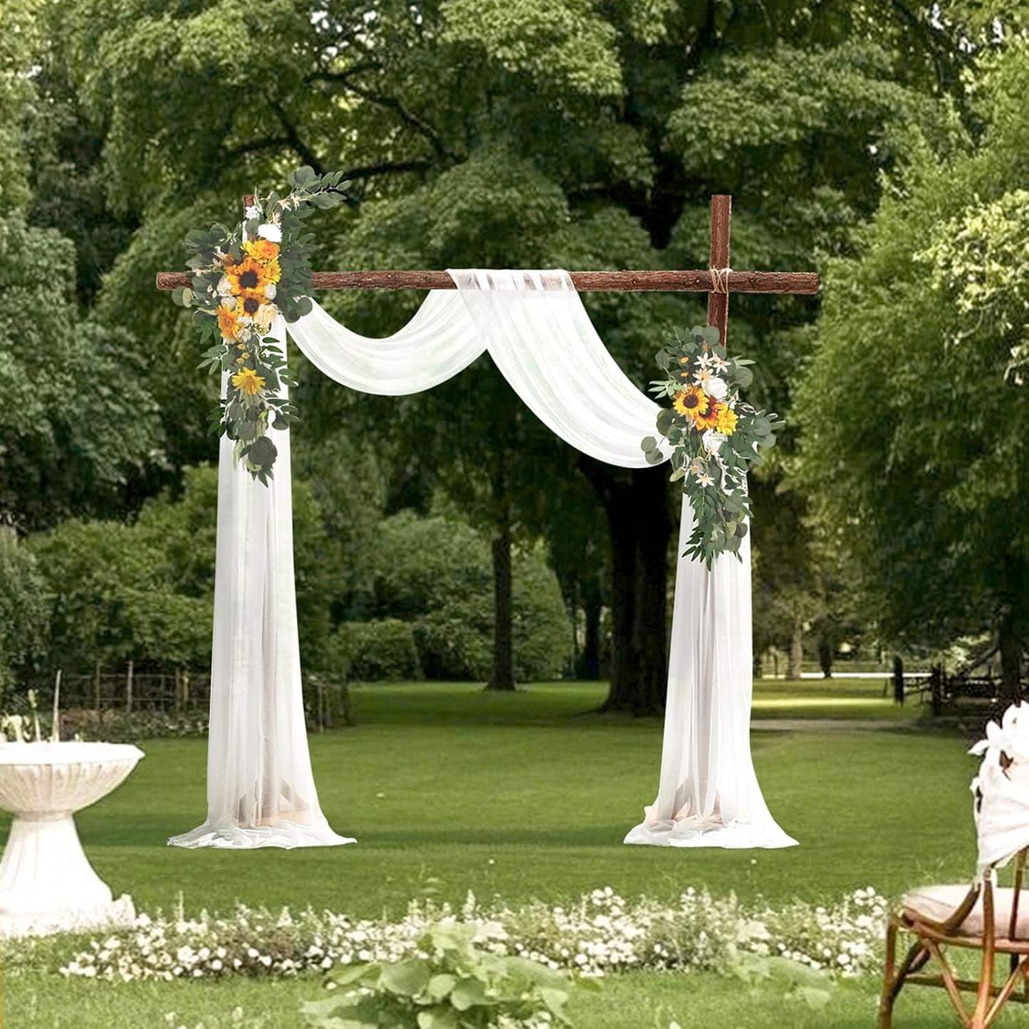 Artificial Wedding Arch Flowers Kit, Yellow Wedding Arch Flowers with Drapes Kit (Pack of 3) - 2 Pcs Floral Arrangement, 1 Pcs Sheer Drapes, for Ceremony Bouquets Reception Backdrop Decoration