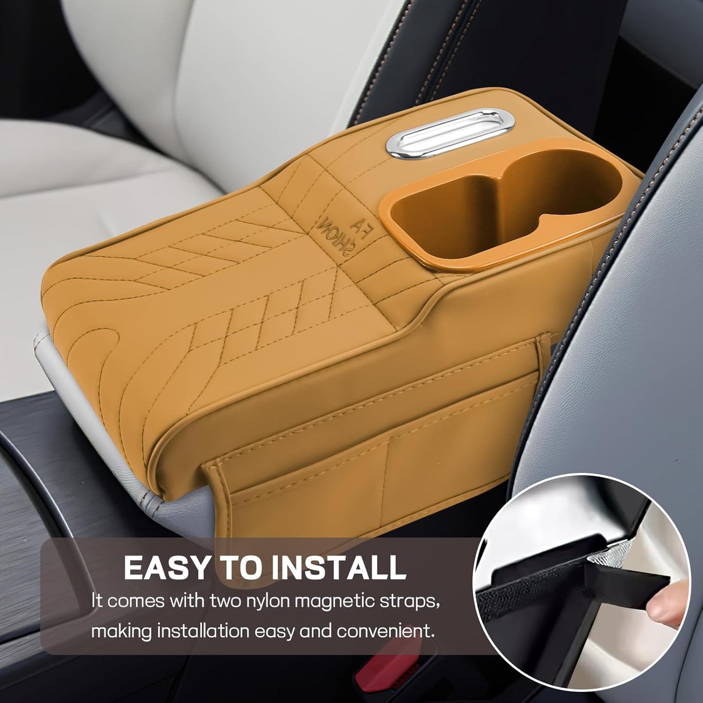Car Center Console Armrest Pillow, 13.4"×7.5"×2" Leather Auto Arm Rest Cover with Pocket & Tissue Box & Cup Holder, Multifunctional Vehicle Armrest Cushion Pad, Car Accessories (Yellow)