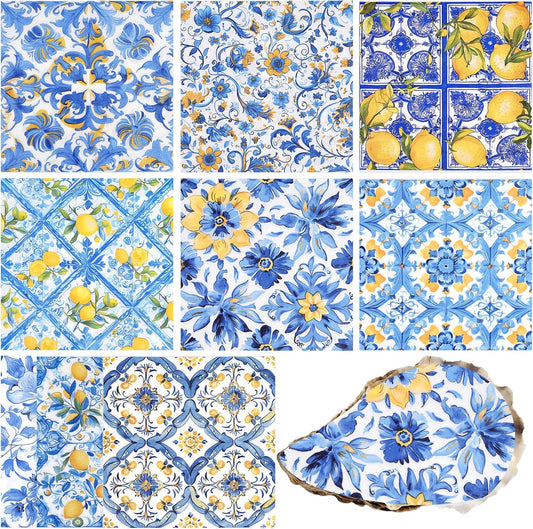 36pcs Mediterranean Decoupage Napkins – Mixed 9 Amalfi Coast Designs, 13x13 inch, Blue & Yellow Italian Lemon Tile Paper Napkins for Crafts, DIY, and Home Décor