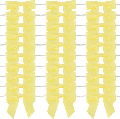 Yellow Bows Satin Ribbon Twist Tie Bow 3.5" Pre-Tied Bow Premade Baby Shower Bows Yellow Gift Bow for Treat Bags Cake Pop Gift Wrapping Goodie Bags Party Easter Decor- 50 Counts