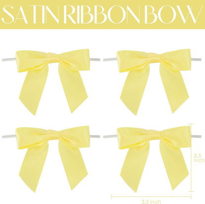 Yellow Bows Satin Ribbon Twist Tie Bow 3.5" Pre-Tied Bow Premade Baby Shower Bows Yellow Gift Bow for Treat Bags Cake Pop Gift Wrapping Goodie Bags Party Easter Decor- 50 Counts