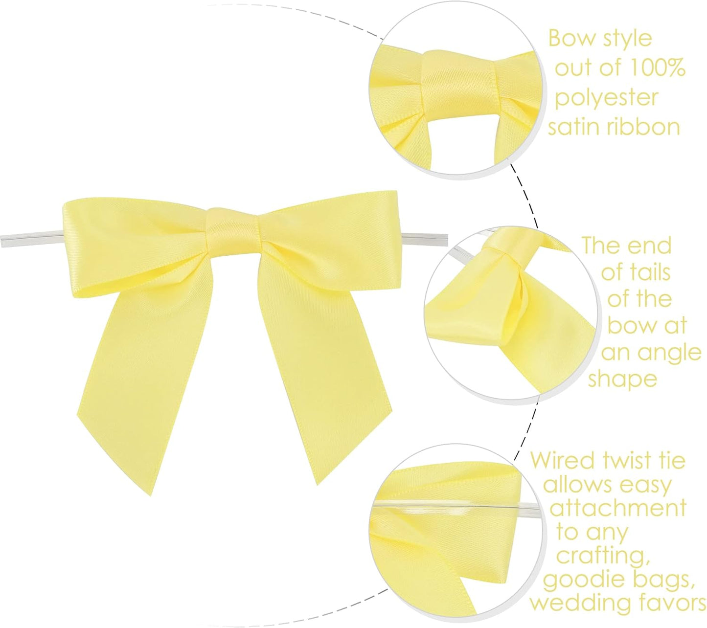 Yellow Bows Satin Ribbon Twist Tie Bow 3.5" Pre-Tied Bow Premade Baby Shower Bows Yellow Gift Bow for Treat Bags Cake Pop Gift Wrapping Goodie Bags Party Easter Decor- 50 Counts