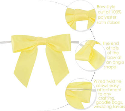 Yellow Bows Satin Ribbon Twist Tie Bow 3.5" Pre-Tied Bow Premade Baby Shower Bows Yellow Gift Bow for Treat Bags Cake Pop Gift Wrapping Goodie Bags Party Easter Decor- 50 Counts