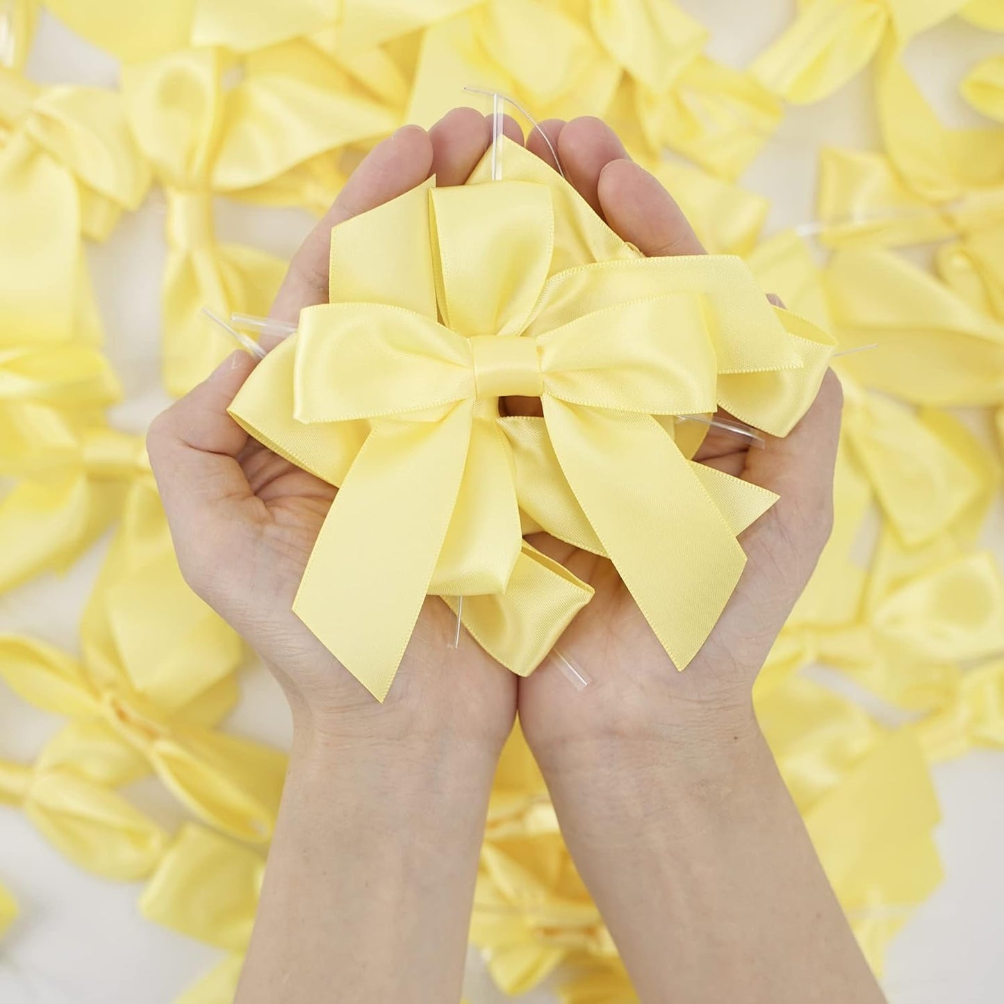 Yellow Bows Satin Ribbon Twist Tie Bow 3.5" Pre-Tied Bow Premade Baby Shower Bows Yellow Gift Bow for Treat Bags Cake Pop Gift Wrapping Goodie Bags Party Easter Decor- 50 Counts