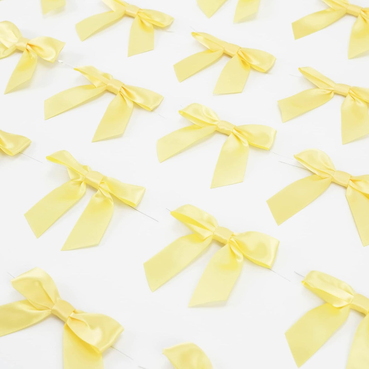 Yellow Bows Satin Ribbon Twist Tie Bow 3.5" Pre-Tied Bow Premade Baby Shower Bows Yellow Gift Bow for Treat Bags Cake Pop Gift Wrapping Goodie Bags Party Easter Decor- 50 Counts