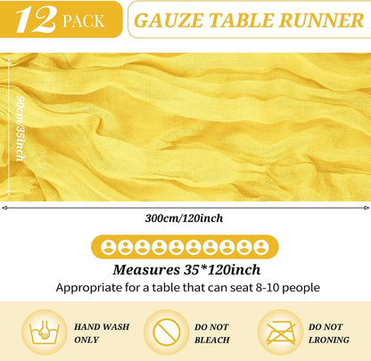 12 Pack Cheesecloth Table Runner 35 x 120 inch Long Boho Cheese Cloth Gauze Table Runners Semi Sheer Table Runner for Wedding Decor, Bridal Shower, Birthday Party (Yellow)
