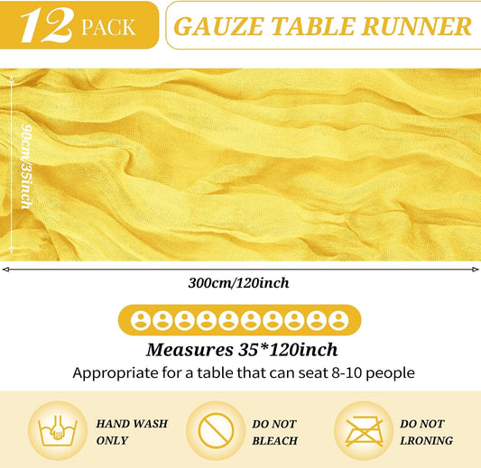 12 Pack Cheesecloth Table Runner 35 x 120 inch Long Boho Cheese Cloth Gauze Table Runners Semi Sheer Table Runner for Wedding Decor, Bridal Shower, Birthday Party (Yellow)