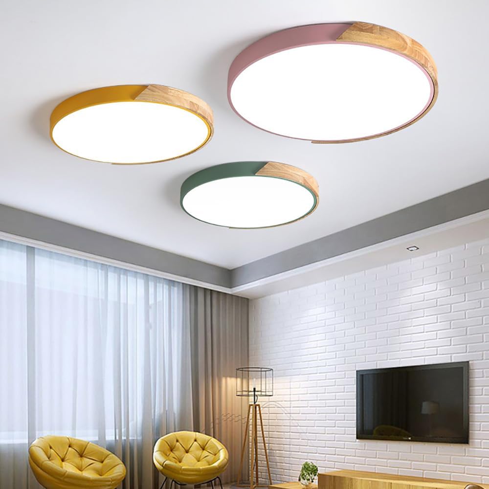 LED Ceiling Light Fixture,12 Inch Wood Recessed Ceiling Lights,Modern 3000K-6000K Ceiling Lamp Dimmable Light,24W Yellow Close to Ceiling Lighting Flush Mount Living Room Bedroom