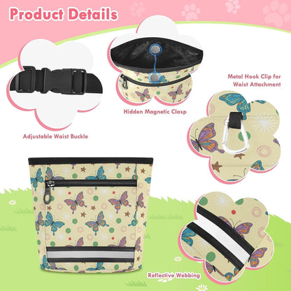 Butterflies Yellow Dog Treat Pouch for Pet Training Dog Bag Holder | with Magnetic Closure, Water-Resistant, 1.7L Capacity, Hands-Free, Adjustable Shoulder Straps, for Night Walks