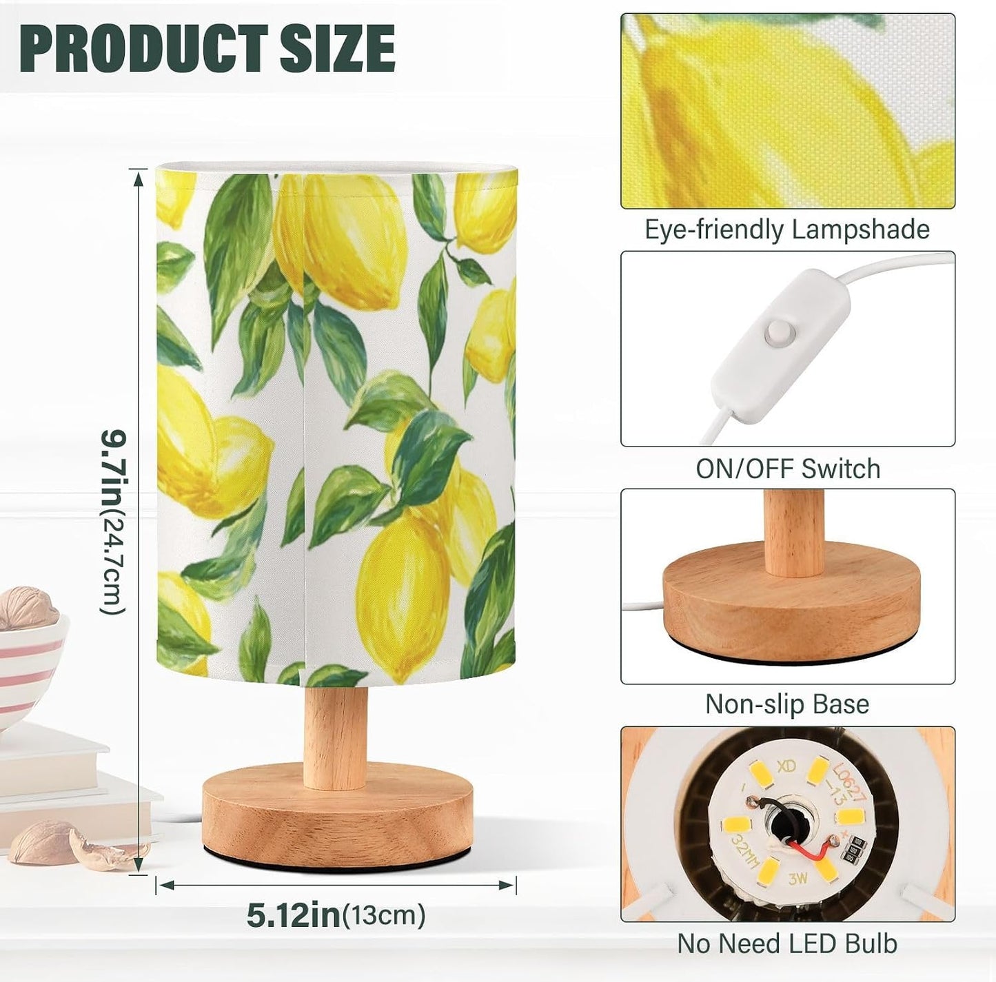 Bright Yellow Lemons Bedside Table Lamp for Bedroom Farmhouse Nightstand Desk Lamp for Living Room Dorm Office Study