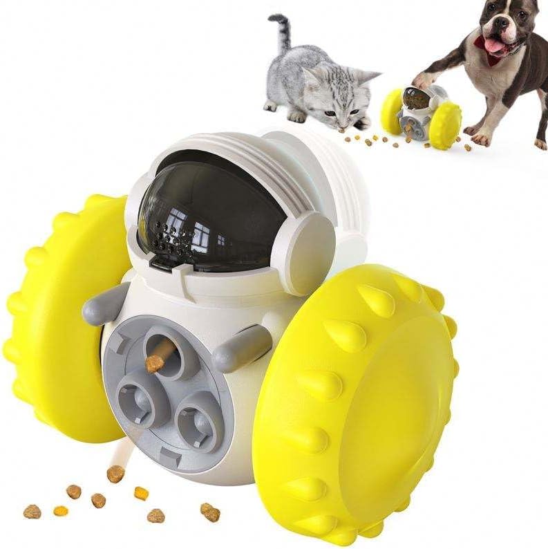 Interactive Pet Food Dispenser Toy for Dogs and Cats, Treat Dispensing Rolling Ball with Textured Wheels, Available in Yellow, Green, Black (Yellow)