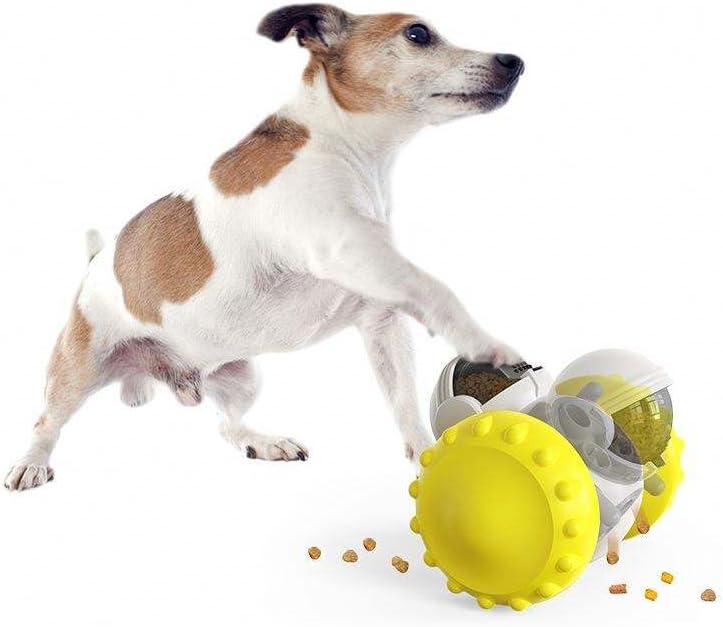 Interactive Pet Food Dispenser Toy for Dogs and Cats, Treat Dispensing Rolling Ball with Textured Wheels, Available in Yellow, Green, Black (Yellow)