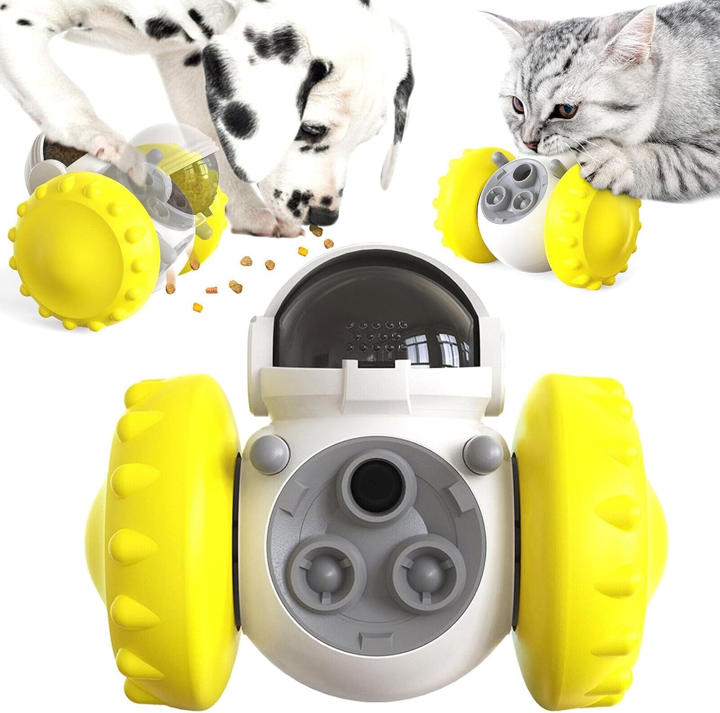 Interactive Pet Food Dispenser Toy for Dogs and Cats, Treat Dispensing Rolling Ball with Textured Wheels, Available in Yellow, Green, Black (Yellow)