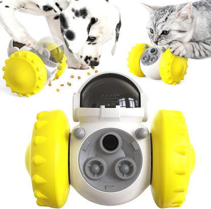 Interactive Pet Food Dispenser Toy for Dogs and Cats, Treat Dispensing Rolling Ball with Textured Wheels, Available in Yellow, Green, Black (Yellow)