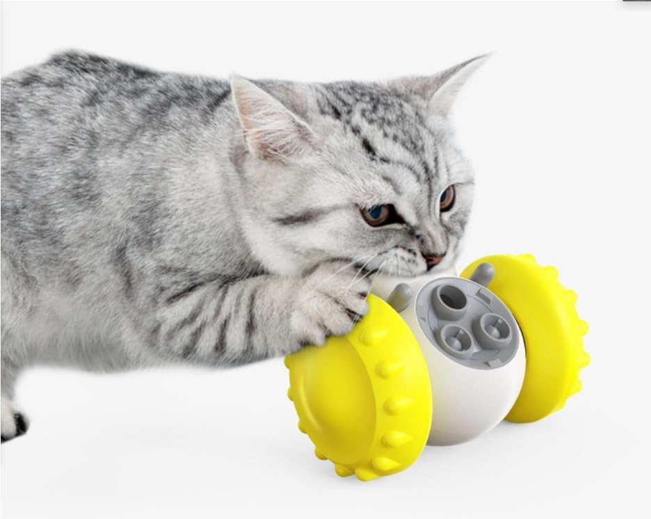 Interactive Pet Food Dispenser Toy for Dogs and Cats, Treat Dispensing Rolling Ball with Textured Wheels, Available in Yellow, Green, Black (Yellow)
