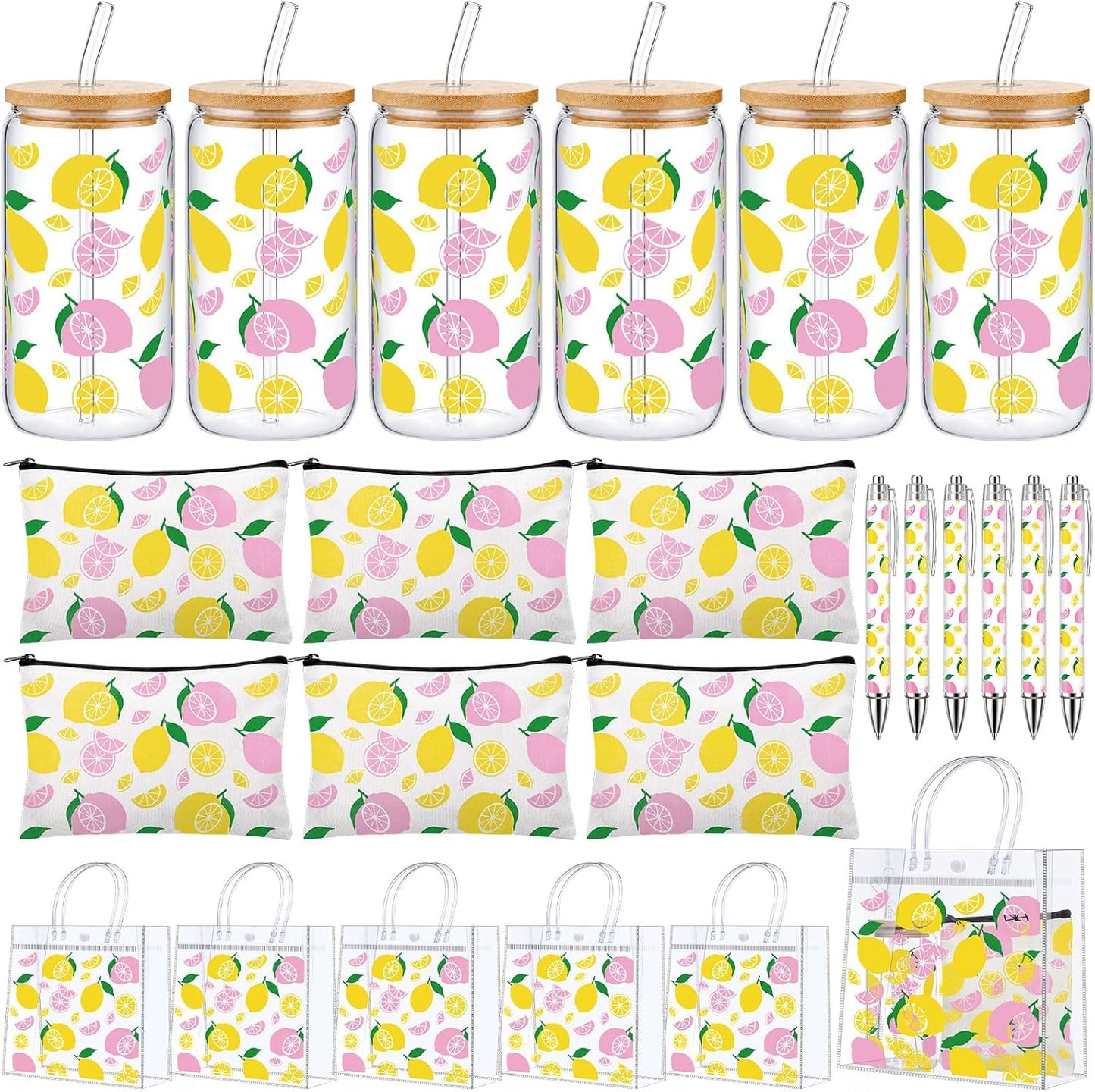 24 Pcs Lemon Party Favors, Pink Yellow Lemon Theme Gift PVC Transparent Bag 16 oz Glass Cups with Lids and Straws Cosmetic Bag Pen for Summer Bridal Baby Shower Wedding Engagement Supplies