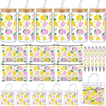 24 Pcs Lemon Party Favors, Pink Yellow Lemon Theme Gift PVC Transparent Bag 16 oz Glass Cups with Lids and Straws Cosmetic Bag Pen for Summer Bridal Baby Shower Wedding Engagement Supplies