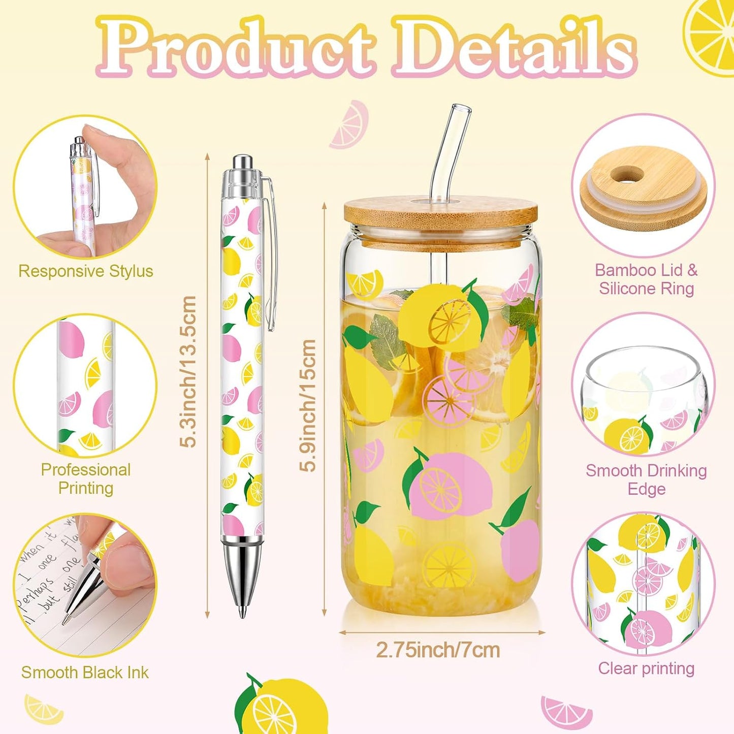 24 Pcs Lemon Party Favors, Pink Yellow Lemon Theme Gift PVC Transparent Bag 16 oz Glass Cups with Lids and Straws Cosmetic Bag Pen for Summer Bridal Baby Shower Wedding Engagement Supplies