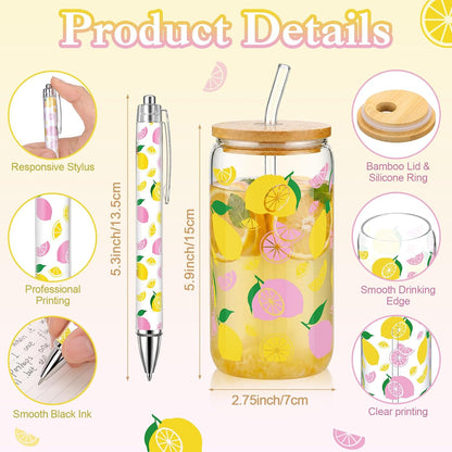 24 Pcs Lemon Party Favors, Pink Yellow Lemon Theme Gift PVC Transparent Bag 16 oz Glass Cups with Lids and Straws Cosmetic Bag Pen for Summer Bridal Baby Shower Wedding Engagement Supplies