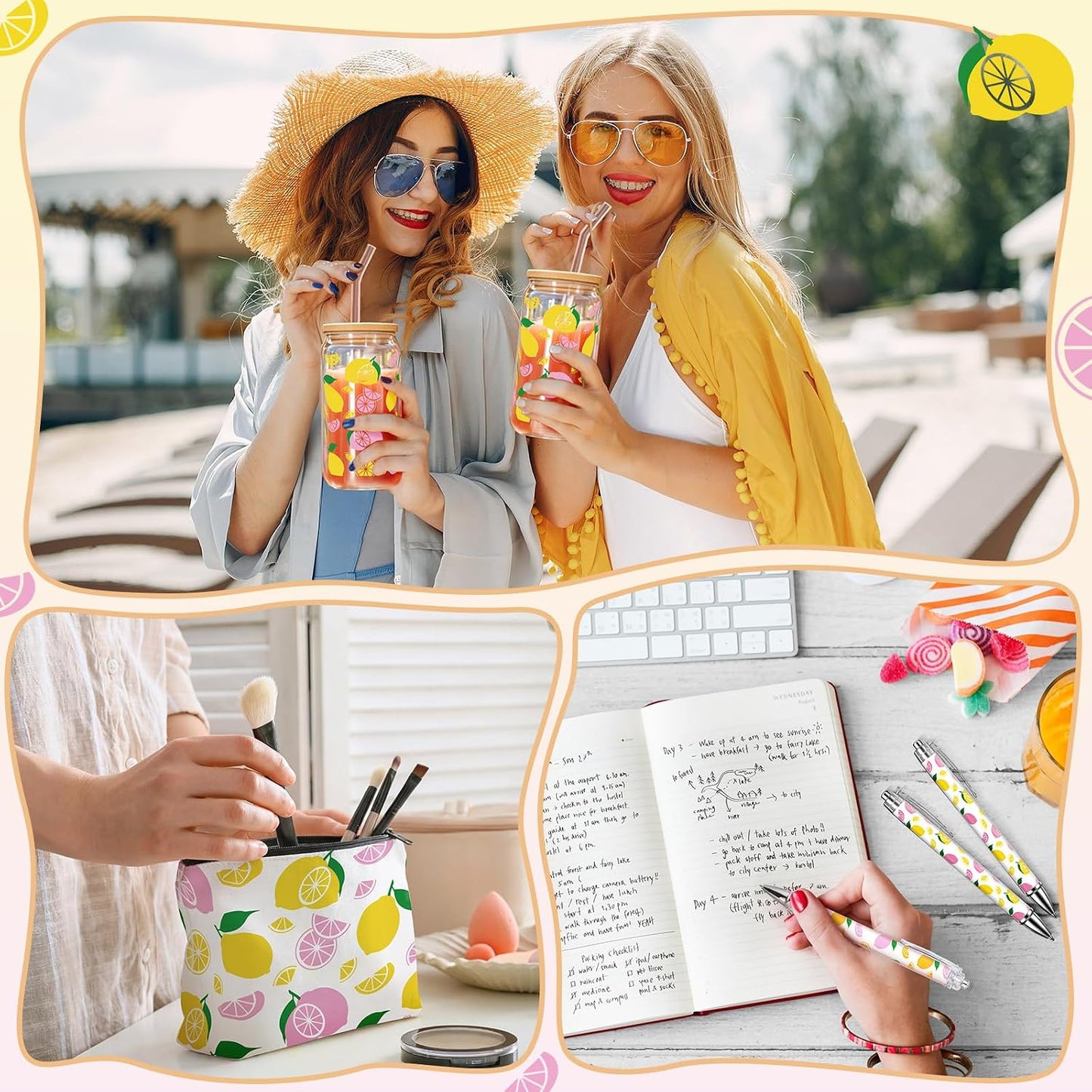 24 Pcs Lemon Party Favors, Pink Yellow Lemon Theme Gift PVC Transparent Bag 16 oz Glass Cups with Lids and Straws Cosmetic Bag Pen for Summer Bridal Baby Shower Wedding Engagement Supplies
