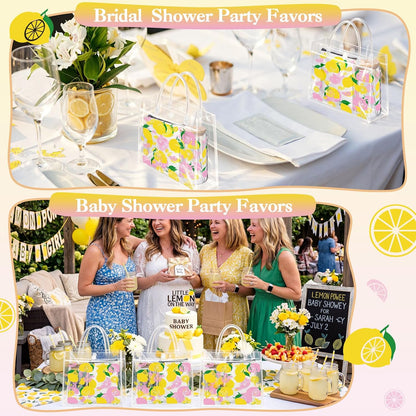 24 Pcs Lemon Party Favors, Pink Yellow Lemon Theme Gift PVC Transparent Bag 16 oz Glass Cups with Lids and Straws Cosmetic Bag Pen for Summer Bridal Baby Shower Wedding Engagement Supplies