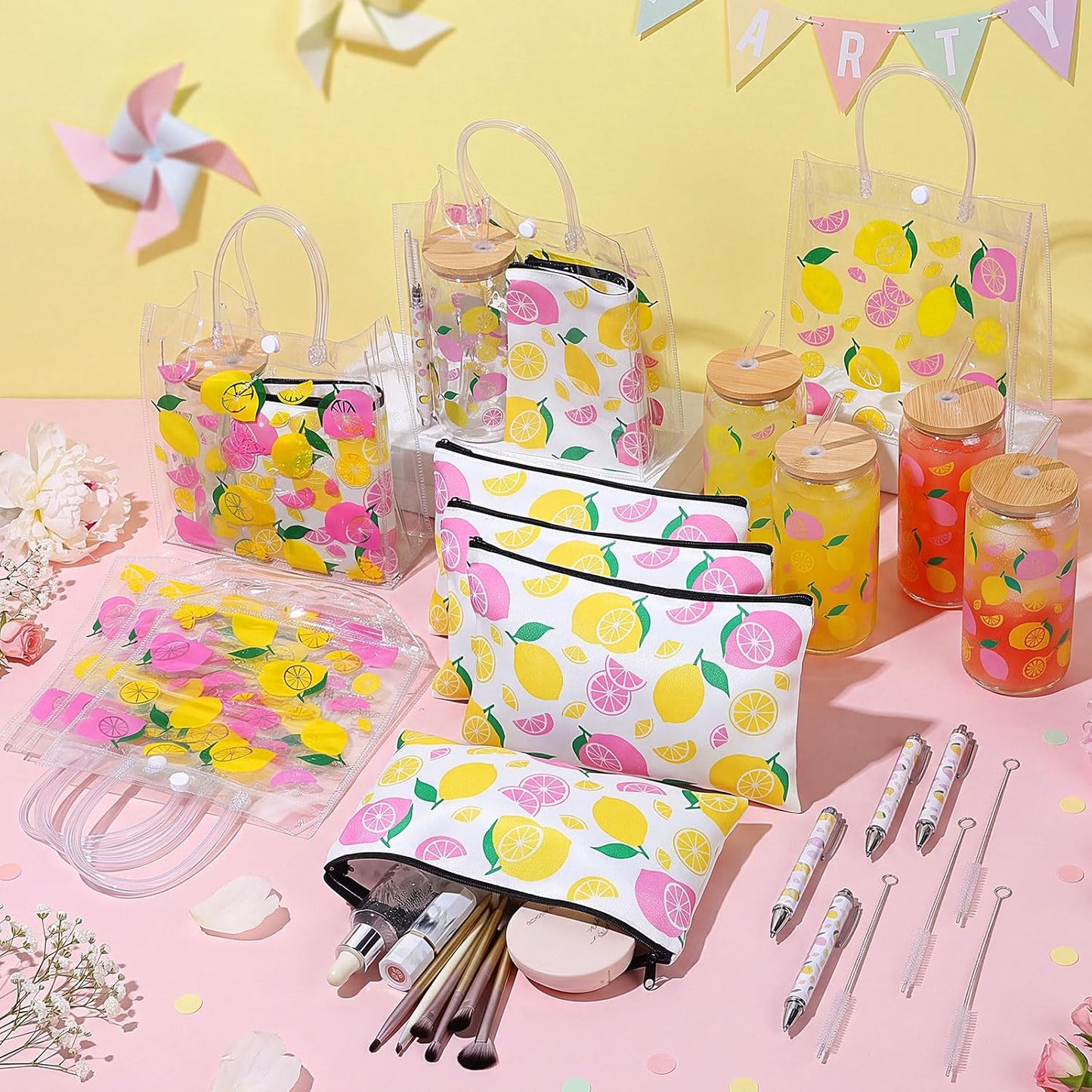 24 Pcs Lemon Party Favors, Pink Yellow Lemon Theme Gift PVC Transparent Bag 16 oz Glass Cups with Lids and Straws Cosmetic Bag Pen for Summer Bridal Baby Shower Wedding Engagement Supplies