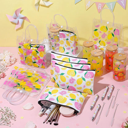 24 Pcs Lemon Party Favors, Pink Yellow Lemon Theme Gift PVC Transparent Bag 16 oz Glass Cups with Lids and Straws Cosmetic Bag Pen for Summer Bridal Baby Shower Wedding Engagement Supplies