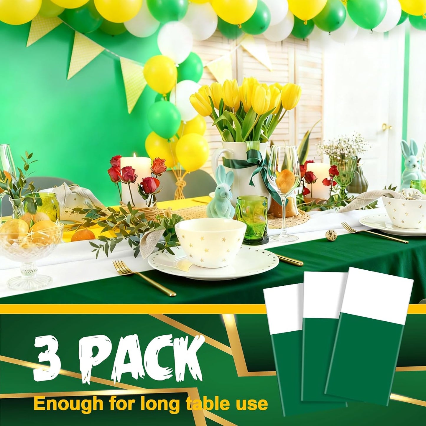 3 Pcs Back to School Disposable Tablecloths 51" x 108" Rectangle Plastic Table Covers Table Runner for Birthday Wedding Baby Shower Party Decorations Supplies (Yellow,White,Green)