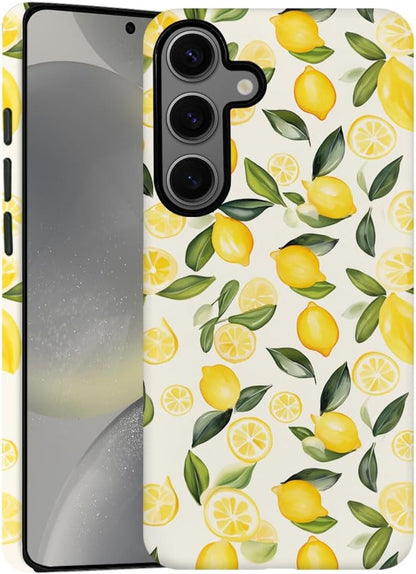 Case for Samsung Galaxy S24,Camera Protection Soft Frosted Phone Case - Watercolor Lemons Leaves Pattern