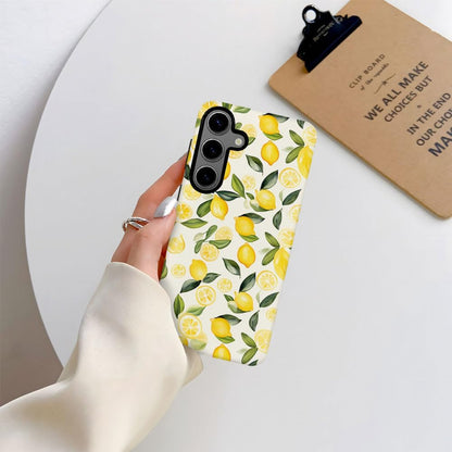 Case for Samsung Galaxy S24,Camera Protection Soft Frosted Phone Case - Watercolor Lemons Leaves Pattern